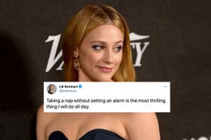 Lili Reinhart looking over her shoulder, with a screenshotted tweet over her 