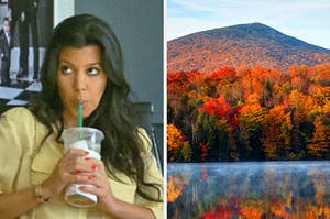 On the left, Kourtney Kardashian sipping a Starbucks drink, and on the right, fall foliage in the mountains