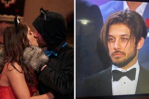 Katie makes out with a man dressed like a cat next to a picture of one of the eliminated men