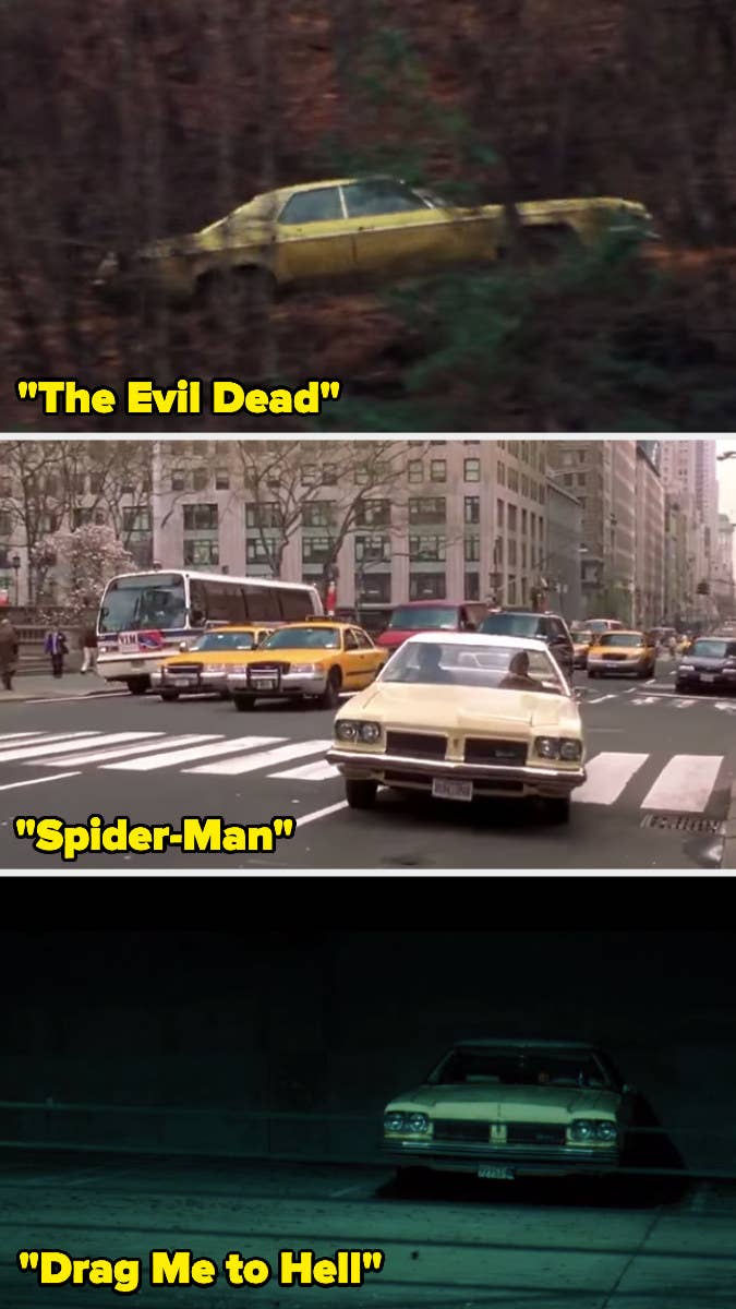 The same yellow, 1970's vehicle appearing on a hill, in NYC, and in a parking garage