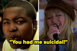 Sean Kingston singing "you had me suicidal" and a reaction image of Lizzie McGuire singing passionately
