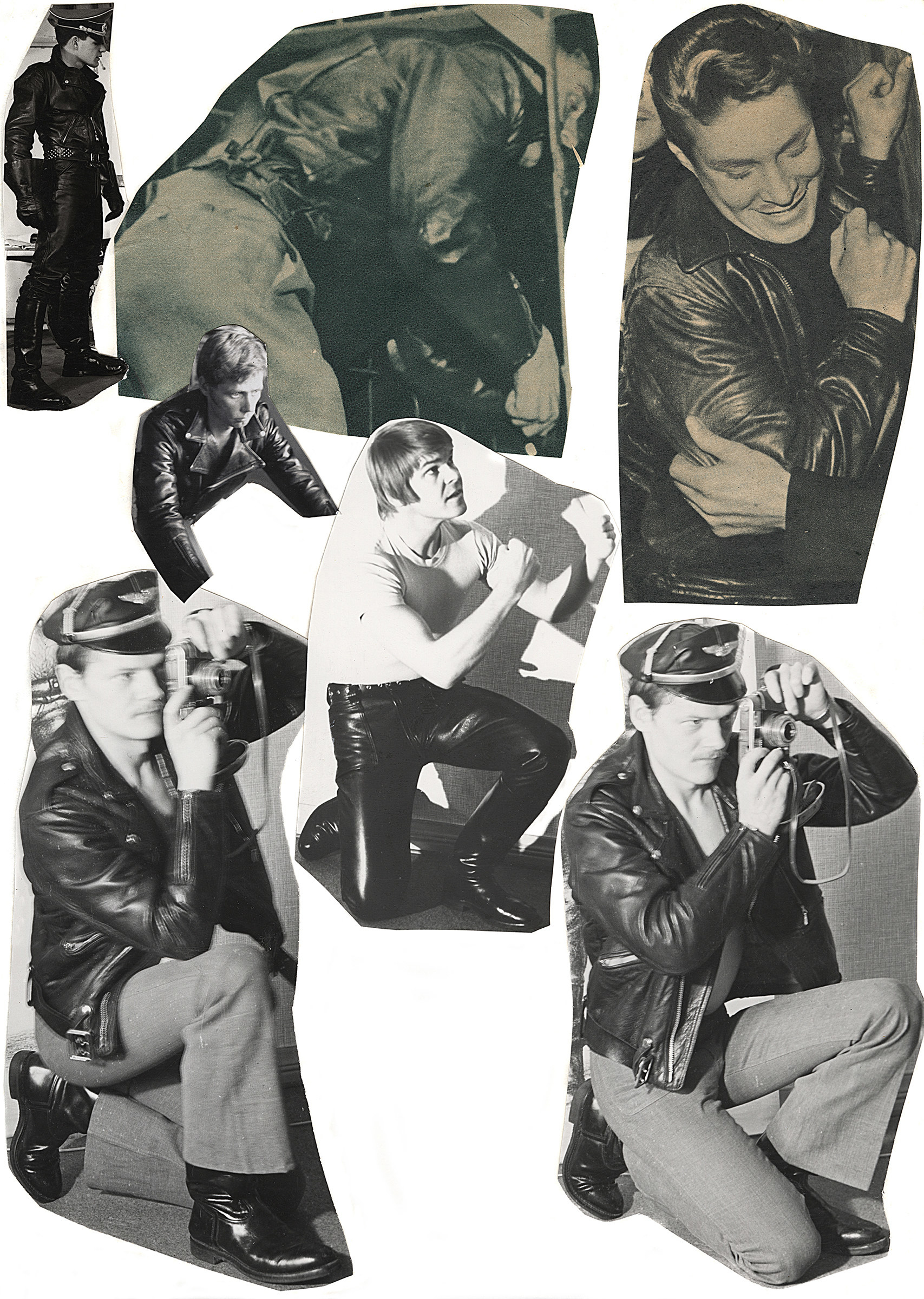 A series of cutout photos show men in leather jackets