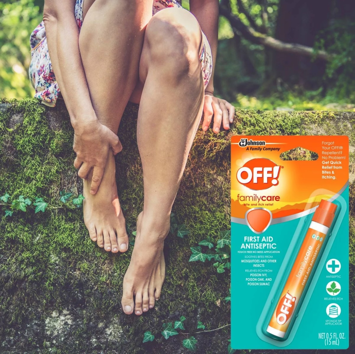 A model holding her foot next to an image of the Off! packaging
