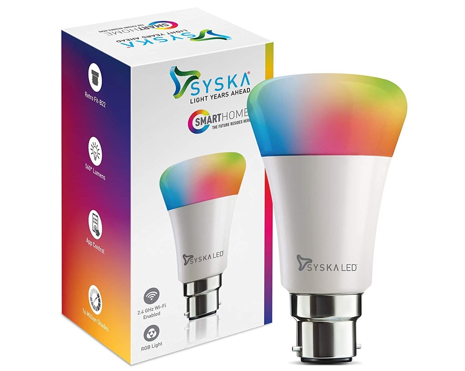 A Syska LED smart bulb next to its box.