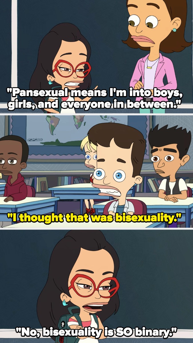 Ali says pansexuality means she&#x27;s &quot;into girls boys and everyone in between,&quot; classmate says they thought that was bisexuality, she says no and that bisexuality is &quot;so binary&quot;