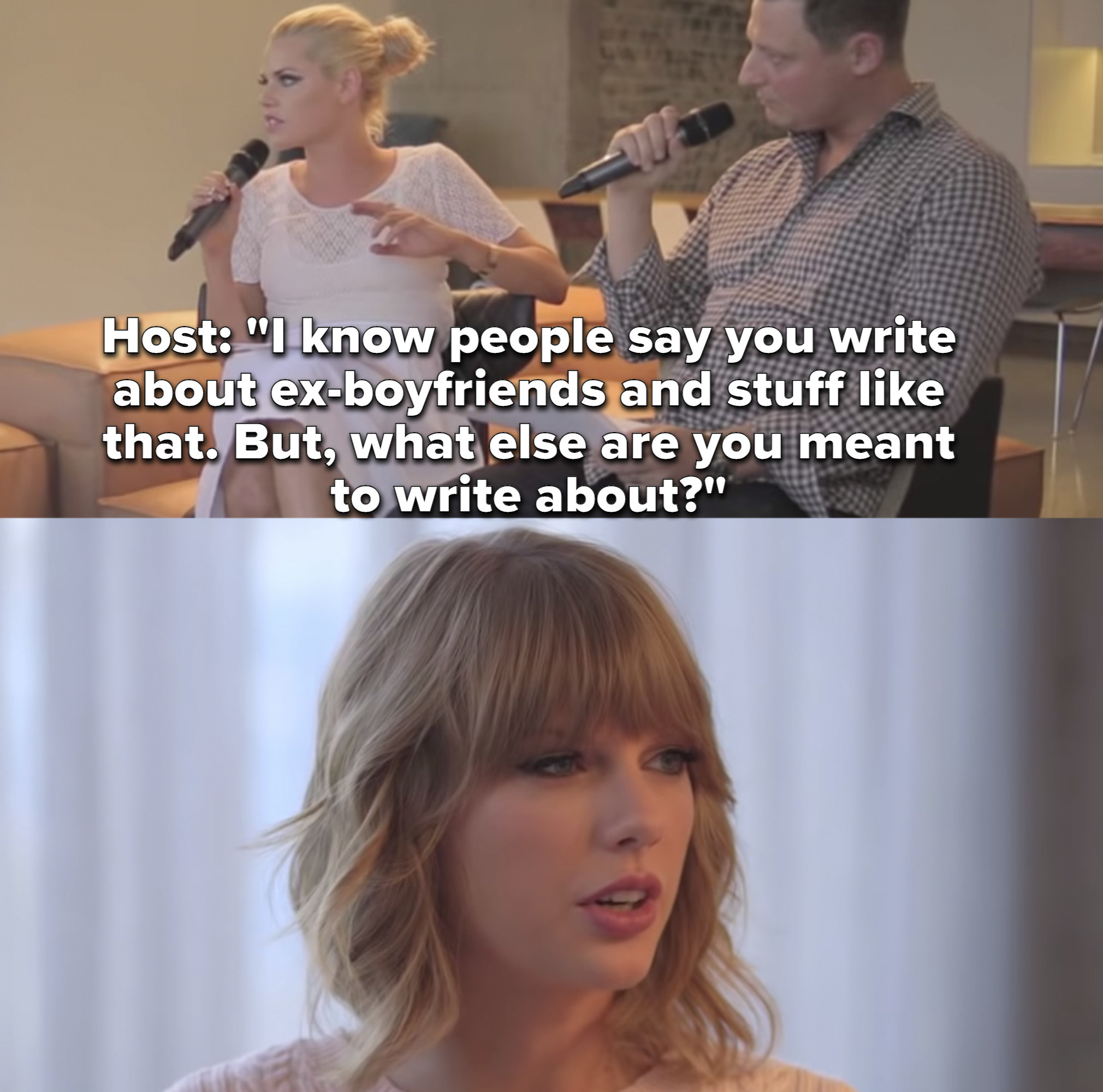 Two radio hosts ask Taylor Swift how she feels about people saying all of her music is about her love life while Taylor looks incredibly uncomfortable.