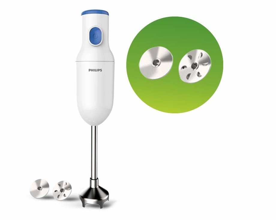 A Philips hand blender in white next to its various attachments