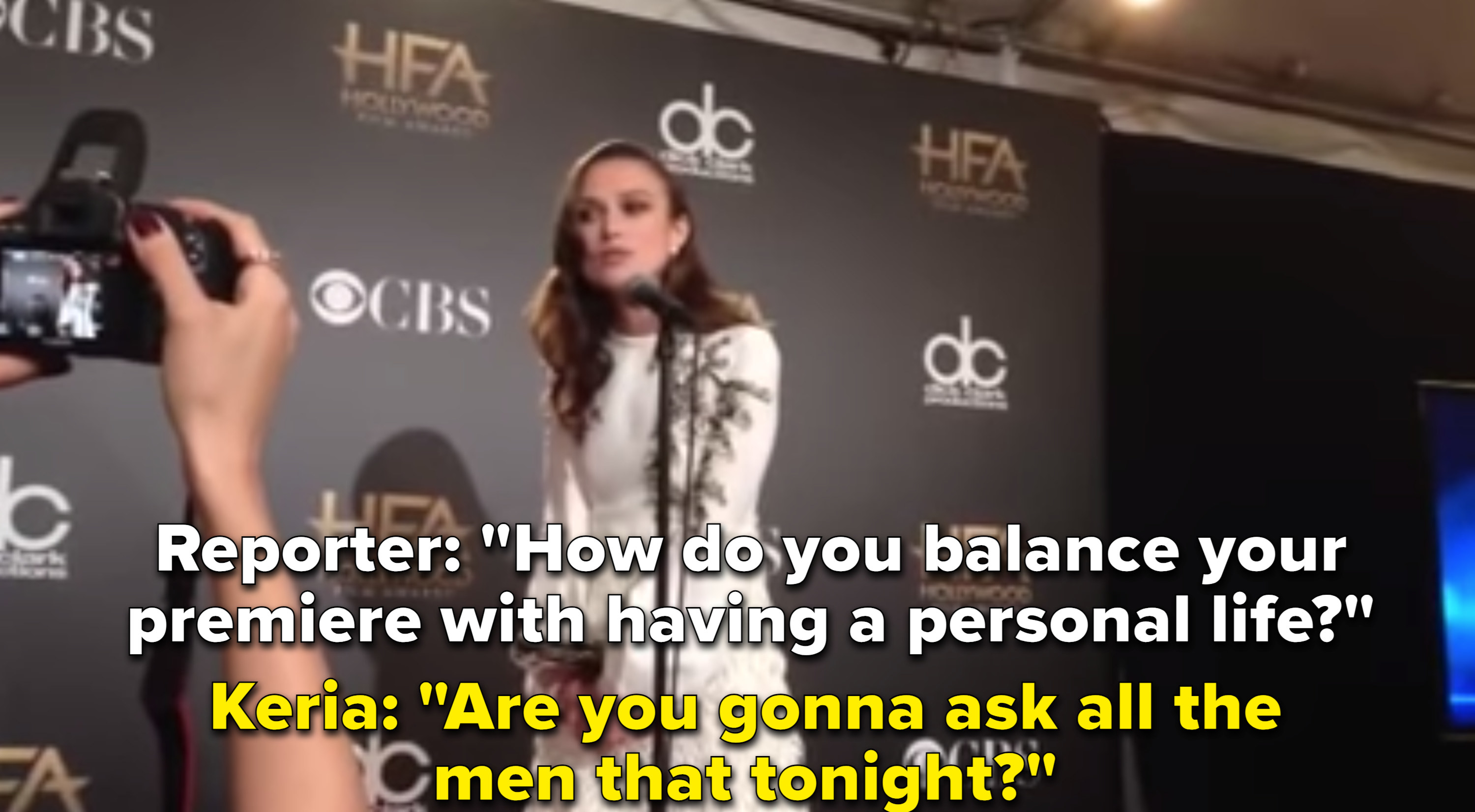 Keria Knightly claps back at a reporter who asked how she balanced her home life with her movie premiere by asking, &quot;Are you going to be asking all of the men that tonight?&quot;
