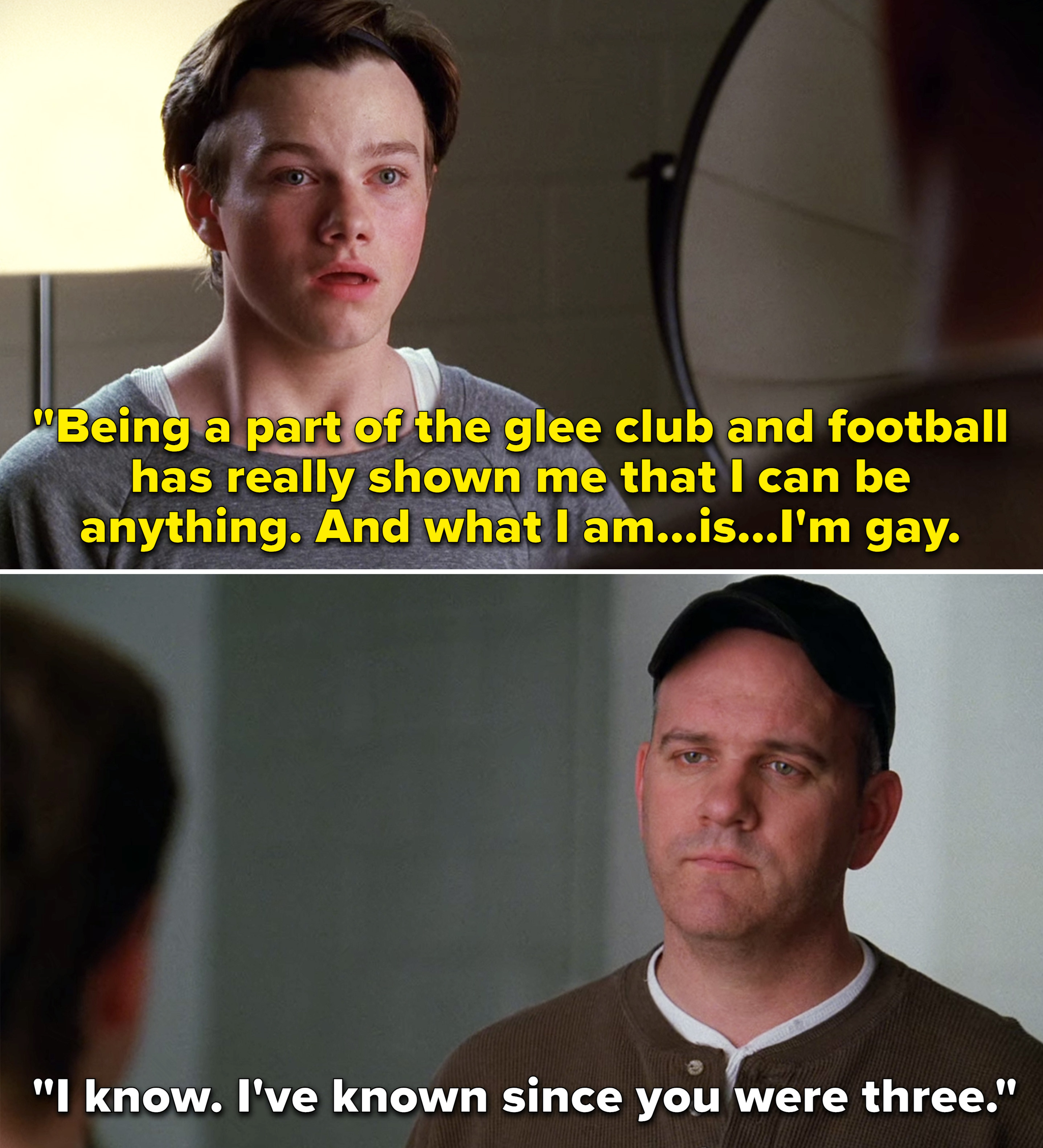 Kurt saying, &quot;Being a part of the glee club and football has really shown me that I can be anything. And what I am is I&#x27;m gay&quot;