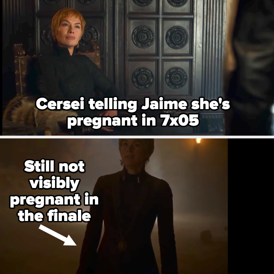 Cersei telling Jaime she&#x27;s pregnant in 7x05 then still not looking pregnant over a season later