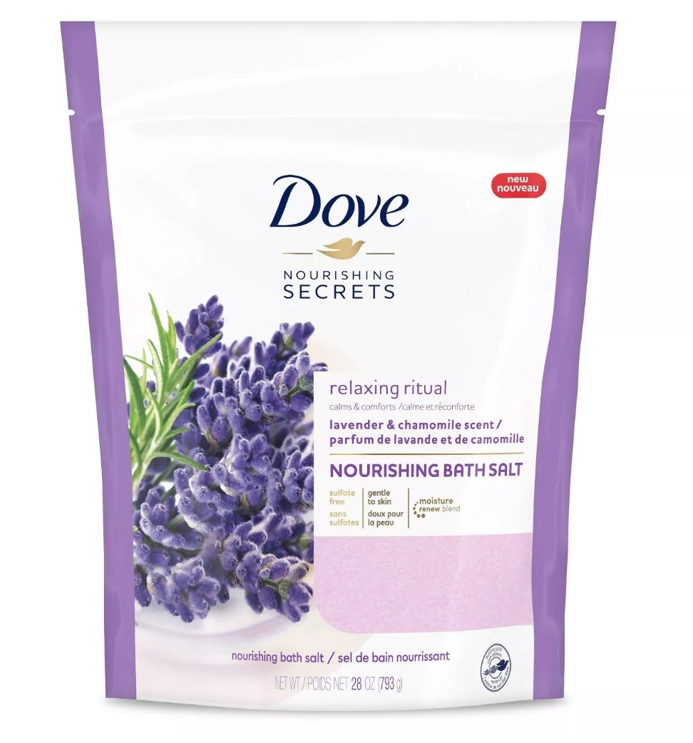 A 28 oz bag of Dove lavender and chamomile bath salts