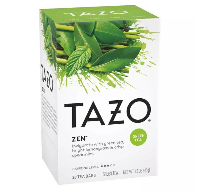 A box of Tazo Zen green tea that comes with 20 tea bags