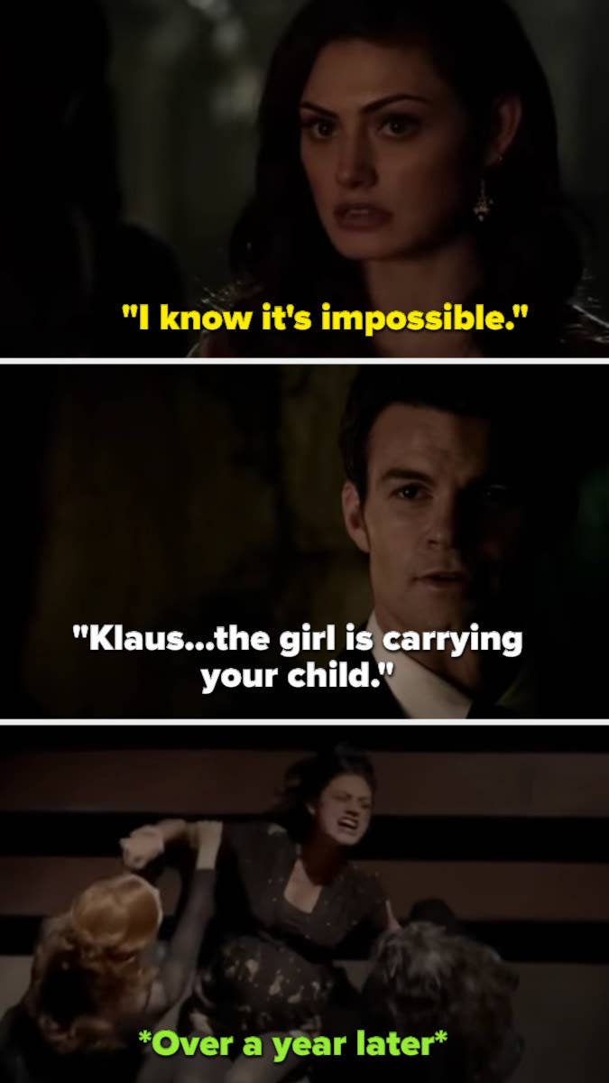 Elijah telling Klaus that Hayley is pregnant, then over a year later, she gives birth