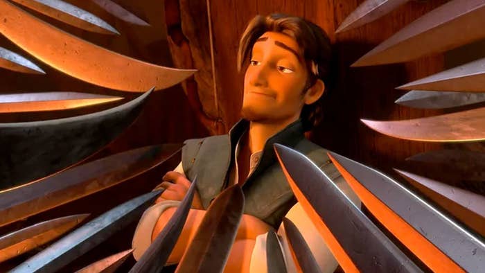 Dozens of swords pointed at animated character Flynn Rider