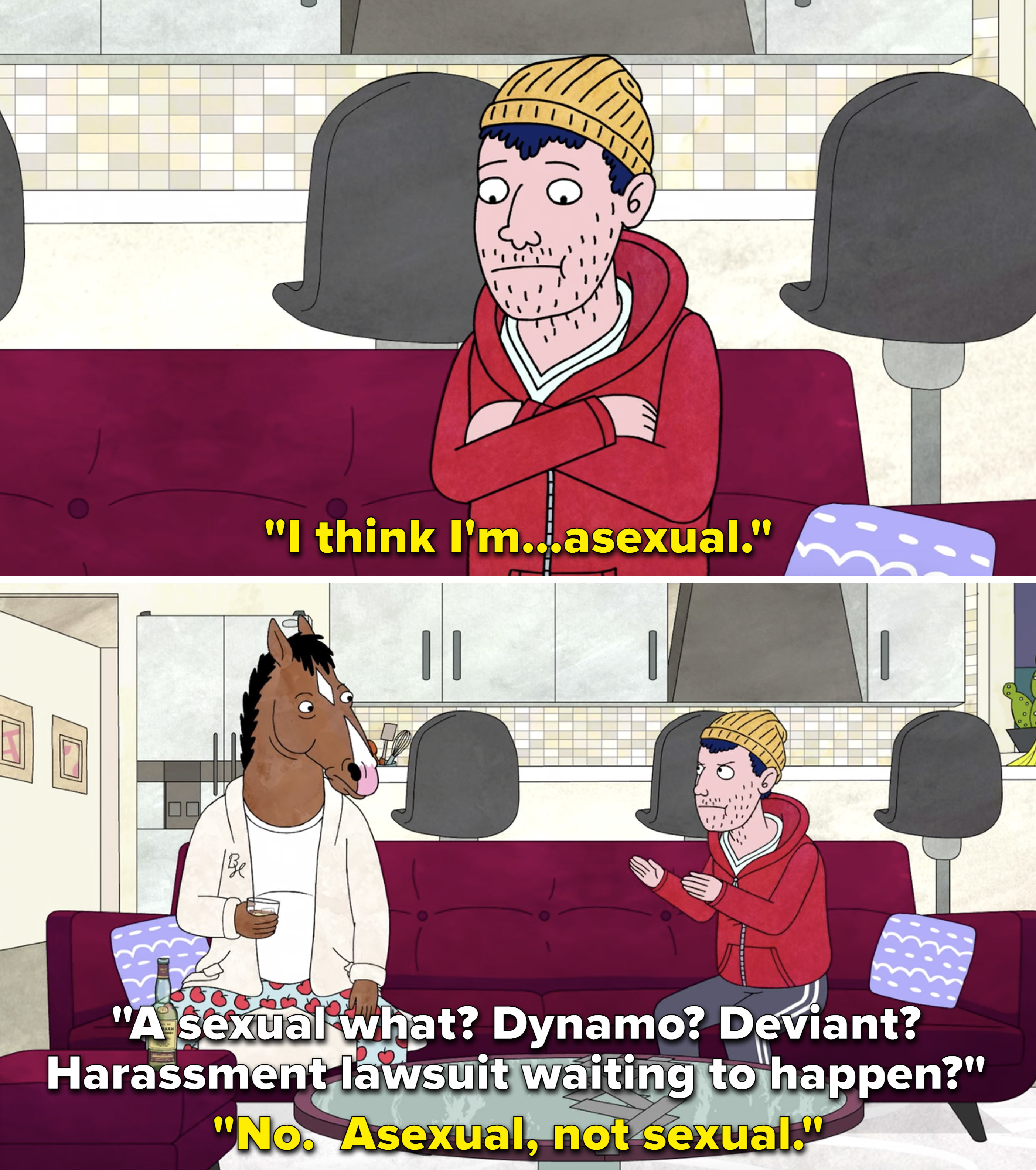 Todd saying, &quot;I think I&#x27;m asexual,&quot; and BoJack responding, &quot;A sexual what? Dynamo? Deviant? Harassment lawsuit waiting to happen?&quot;