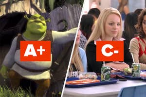 Shrek labeled "A+" and Mean Girls labeled "C-"