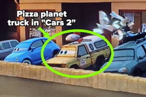 Pizza planet truck circled in "Cars 2"