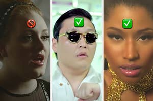 Adele is on the left labeled with a skip emoji with YG and Nicki Minaj labeled with a check emoji