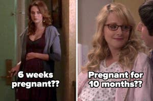 Peyton on One Tree Hill labeled "6 weeks pregnant??" and Bernadette on The Big Bang Theory labeled "pregnant for 10 months??"