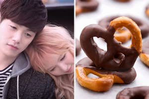 A couple is hugging on the left with a chocolate covered pretzel on the right
