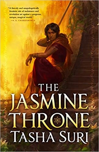 book cover for the Jasmine Throne features a woman crouching against an outdoor staircase
