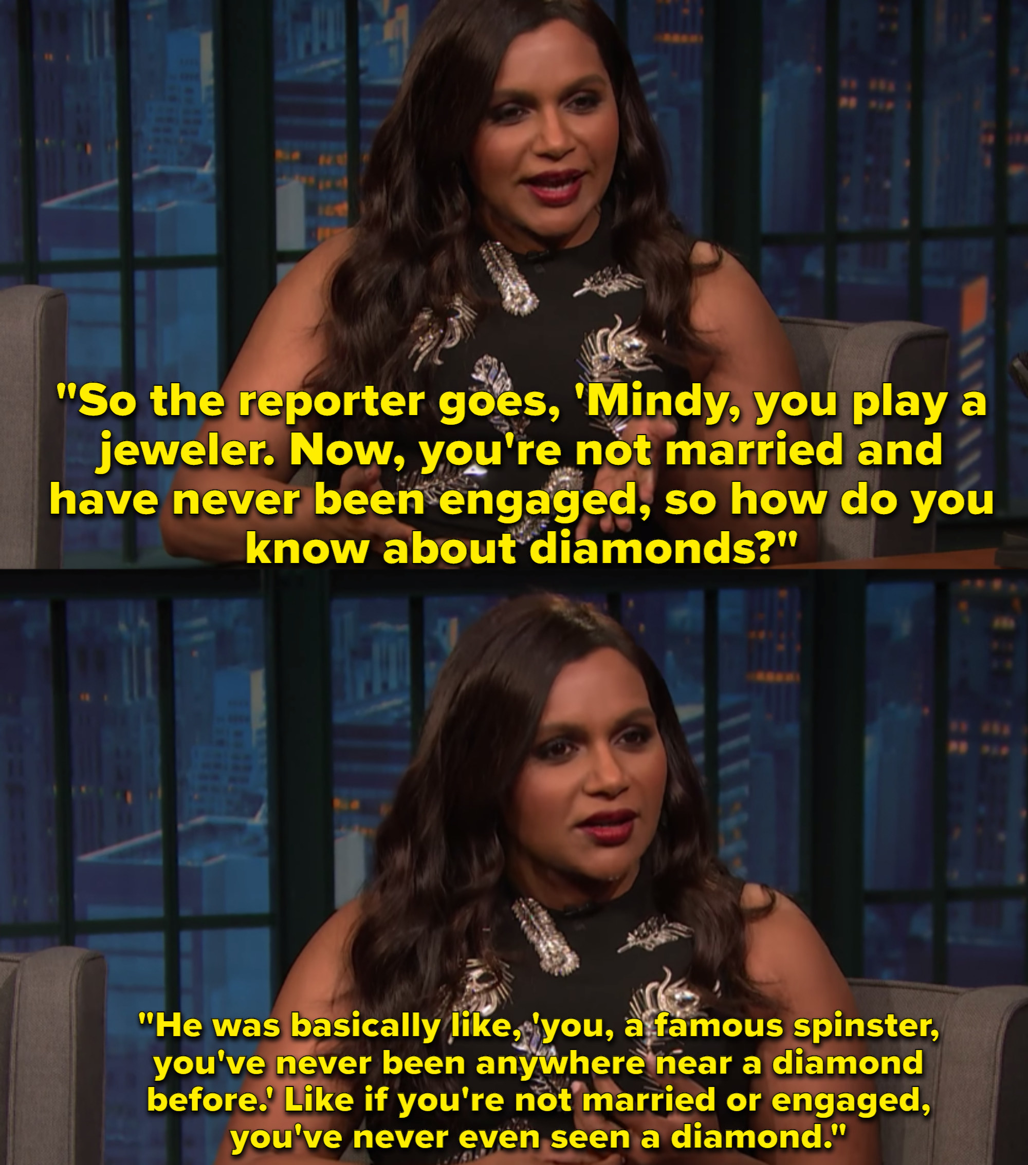 Mindy Kaling, wearing a black dress with silver feathers on it, recounts an encounter with a sexist reporter during a press conference.