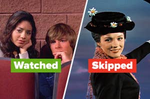 High School Musical labeled "Watched" and Mary Poppins labeled "Skipped"