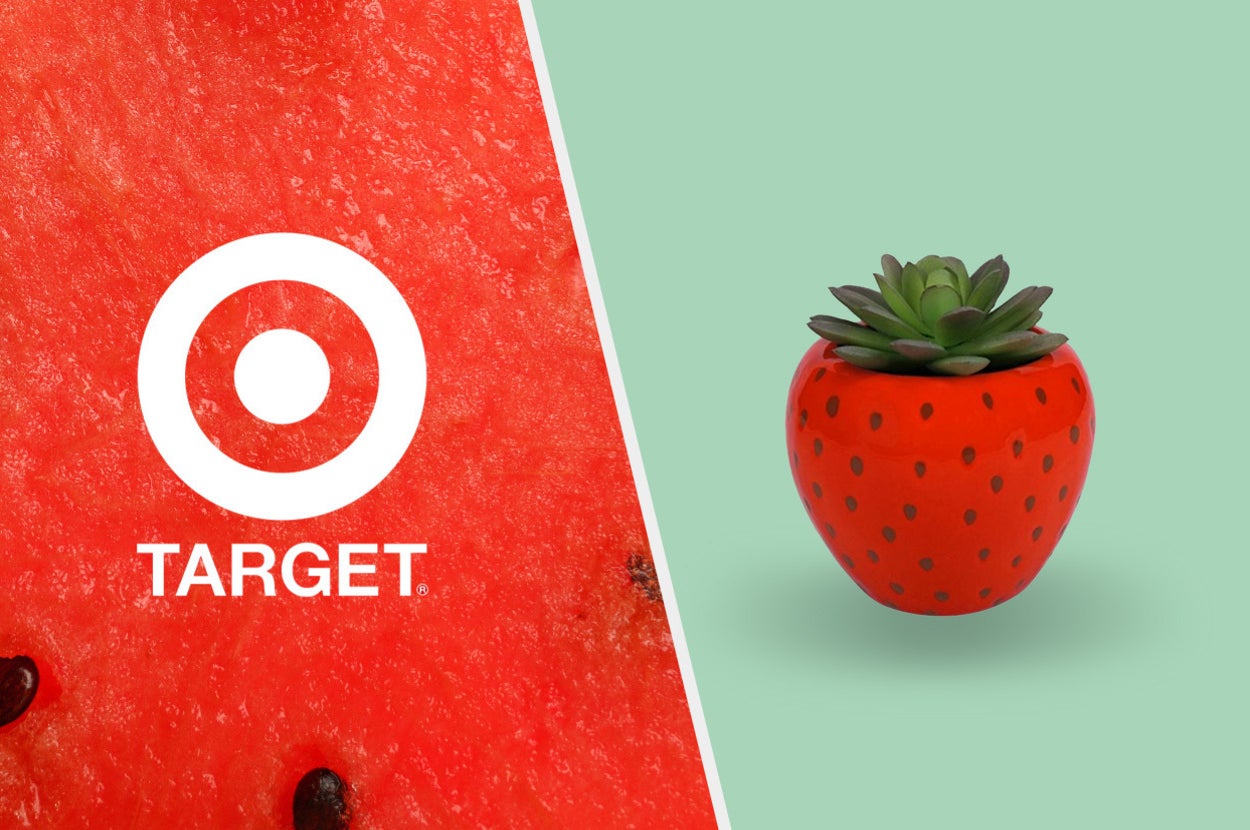 A cute strawberry-shaped succulent beside a watermelon with the target logo on it