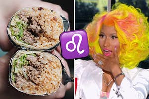 On the left, someone holding two halves of a beef burrito, then a Leo symbol emoji, and on the right, Nicki Minaj opening her mouth wide in shock
