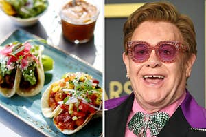 Four tacos are on the left on a tray with Elton John Smiling on the right