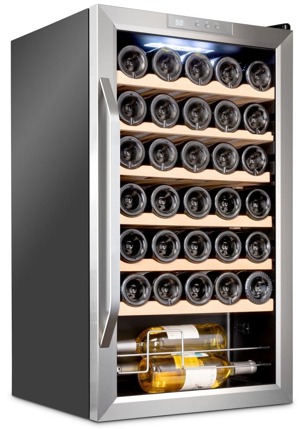 a wine cooler filled with 34 bottles of wine