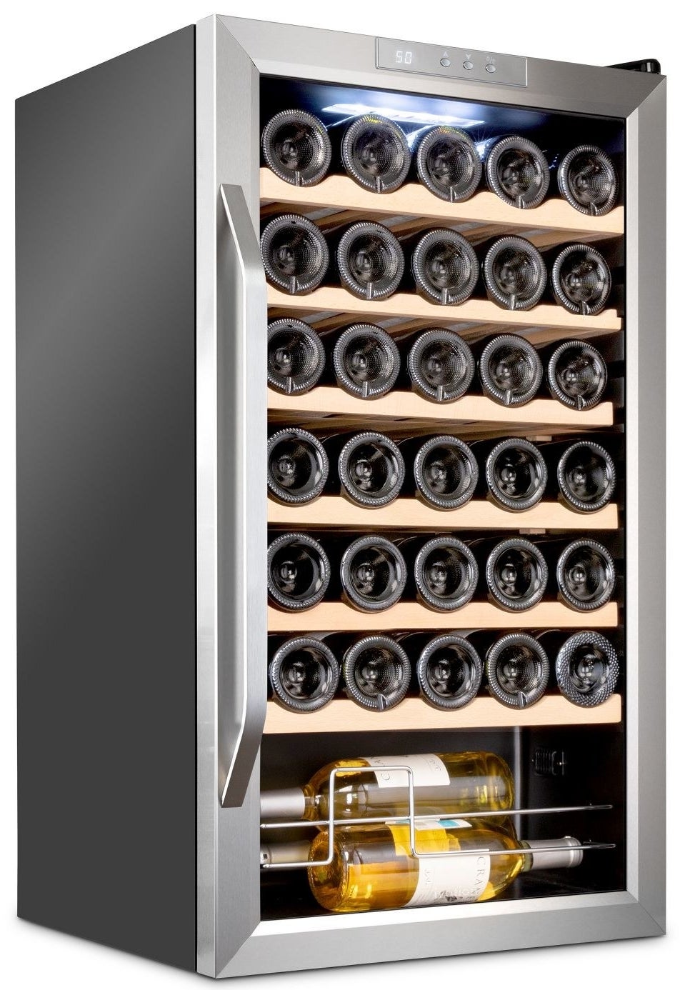 a wine cooler filled with 34 bottles of wine