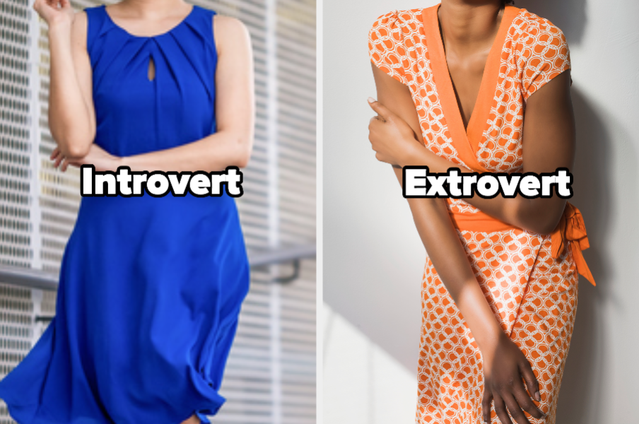 Blue dress with words &quot;introvert&quot; and orange pattern dress with words &quot;extrovert&quot; 