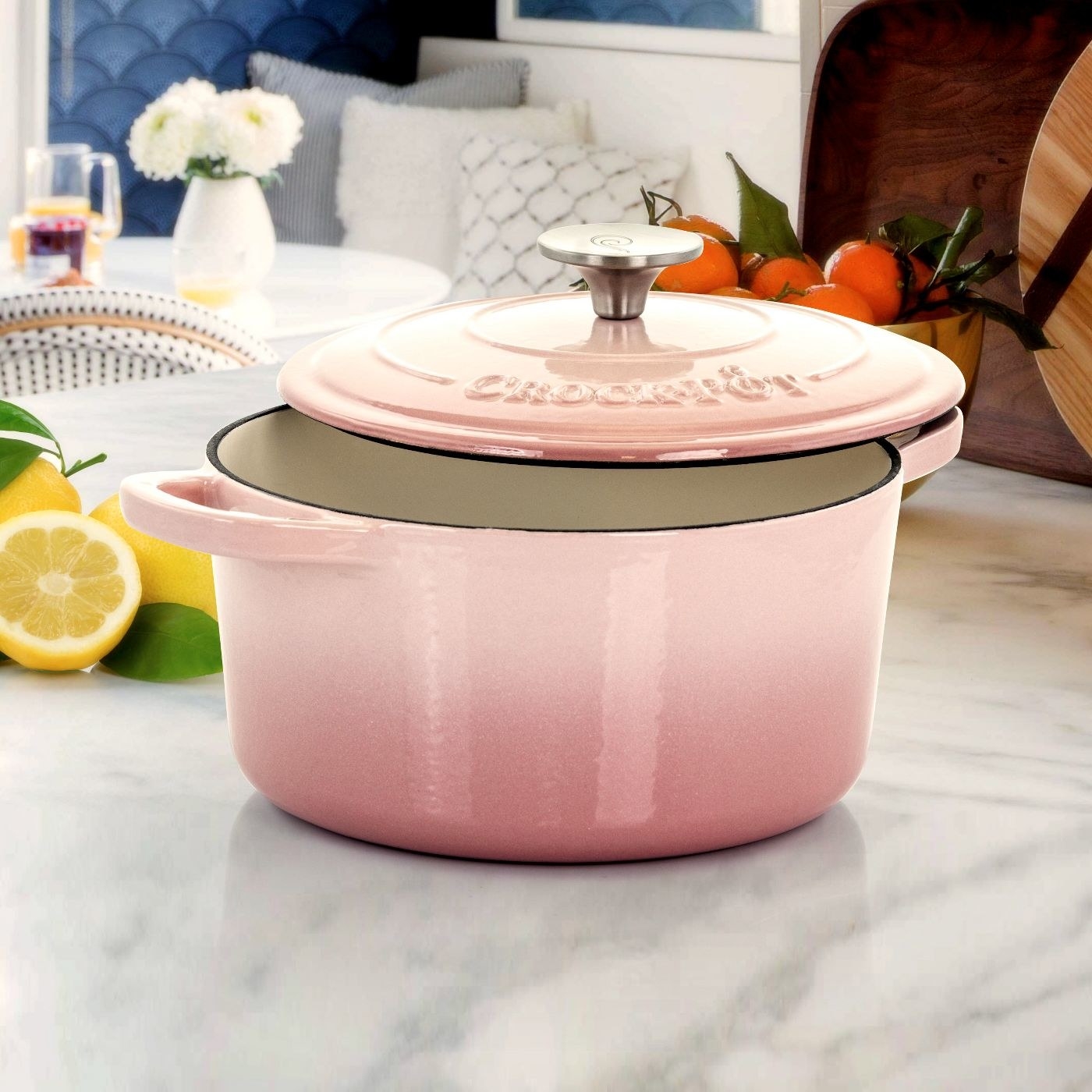 pink cast iron pot staged in a kitchen