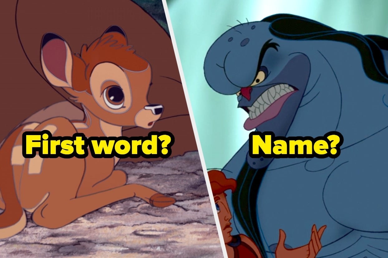 Bambi with the words &quot;First word?&quot; and Hercules villain with the word &quot;Name?&quot; 