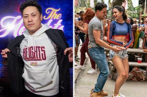 Jon Chu wearing a "heights" sweater and Usnavi and Vanessa in "In The Heights"