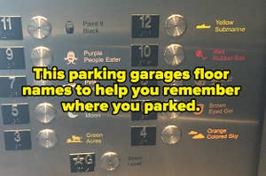 A parking garage elevator panel with funny names for each floor, so it's easier to remember