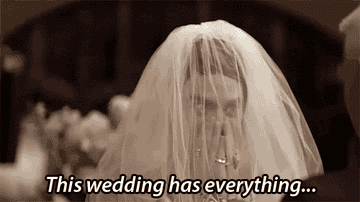Stefon from Saturday Night Live clasps his hands in front of his face as a man lifts a bridal veil from his face, with the caption &quot;this wedding has everything&quot;