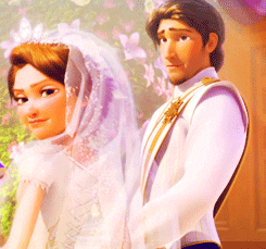 Flynn and Rapunzel wear wedding clothes and turn and look shocked