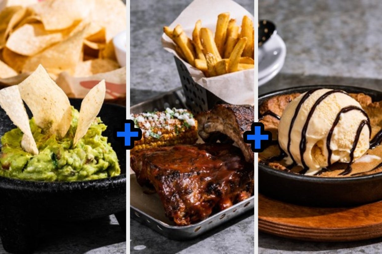Chips and guacamole, Ribs and fries, and a cookie with ice cream