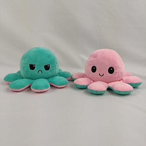A pink and teal octopus plushie. One side has an angry face, and a happy face when you turn the toy inside out.