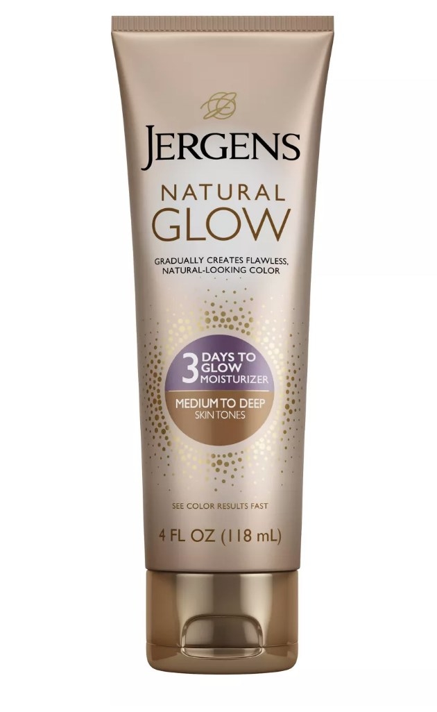 A bottle of Jergens medium-deep tone glow moisturizer that works within 3 days