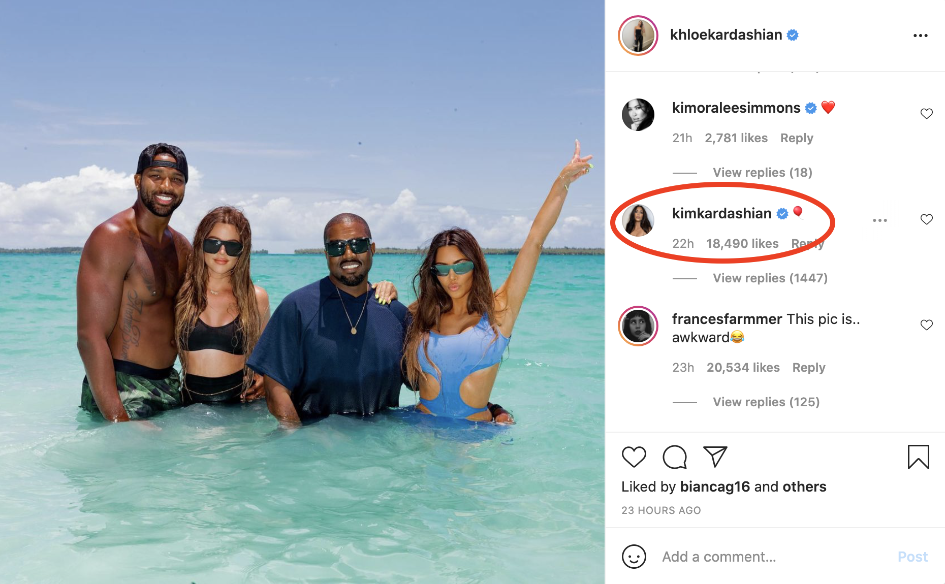 A screenshot of Khloé Kardashian&#x27;s birthday post to Kanye West, with Kim Kardashian&#x27;s red balloon emoji circled