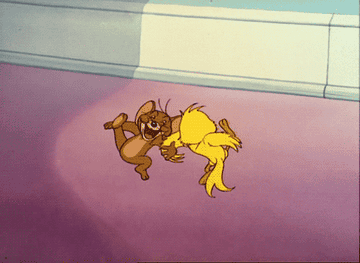 Jerry from Tom and Jerry dancing with a cartoon chick
