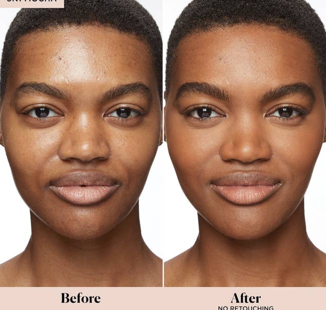 model with before and after applying the tinted moisturizer