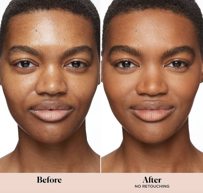 model with before and after applying the tinted moisturizer