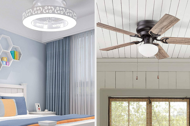 left: bladeless ceiling fan with star cutouts on the ceiling. right: five-blade fan mounted on ceiling