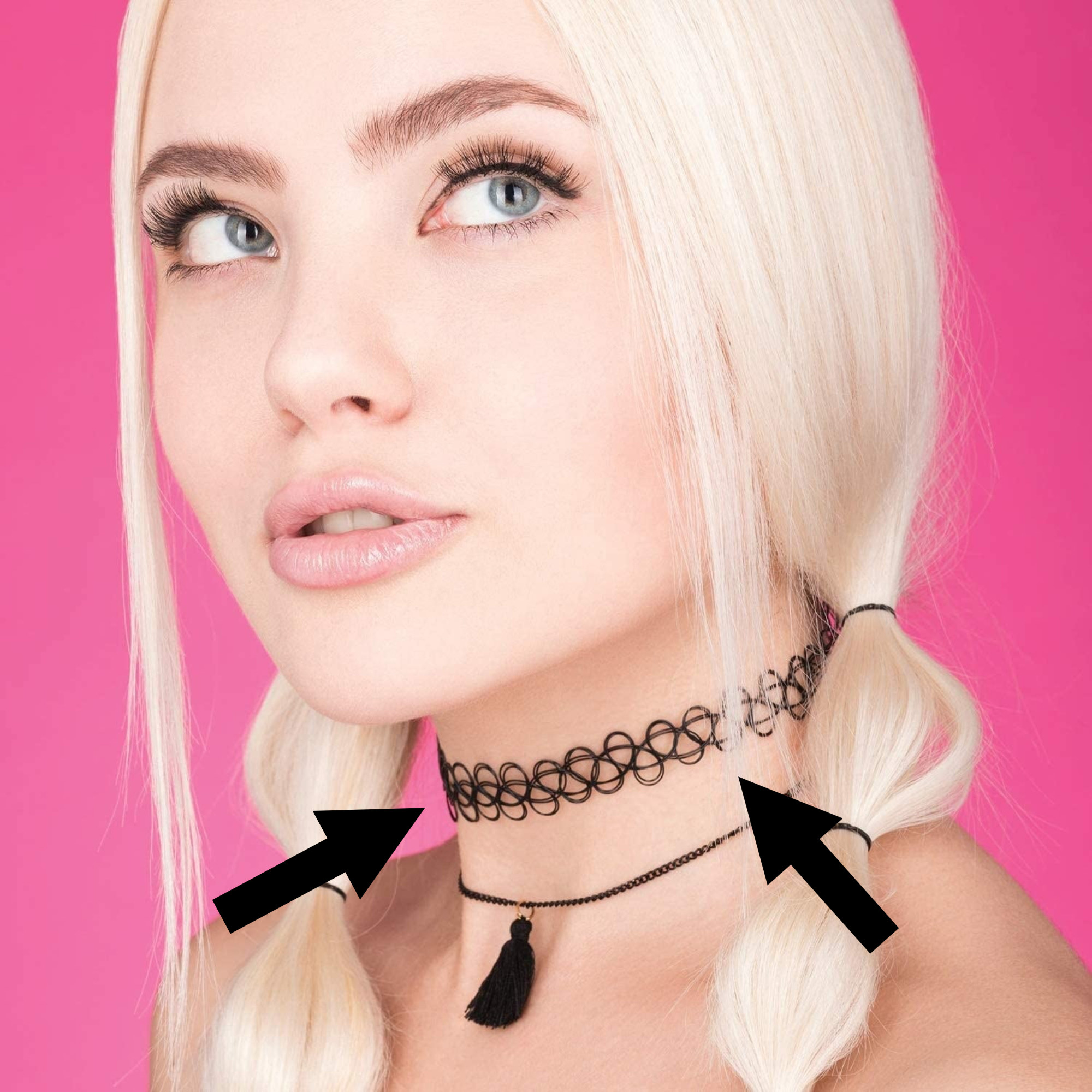a person with a 90s hair style wearing a stretchy choker layered with a thin necklace