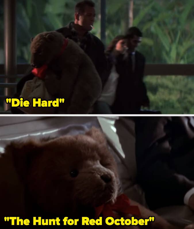 15 Props Used In More Than One Movie The Die Hard and The Hunt for Red October have used a 'Teddy Bear' wearing a red bow.15 Props Used In More Than One Movie