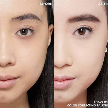 model before and after applying the color correctors, with a more evened-out complexion after